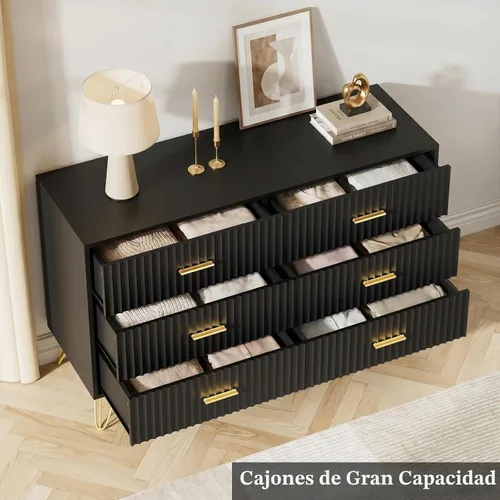 Vista 5 de JOZZBY Cómoda acanalada para dormitorio, cómoda negra de 6 cajones con asas doradas, cómodas de almacenamiento modernas y cómodas para pasillo