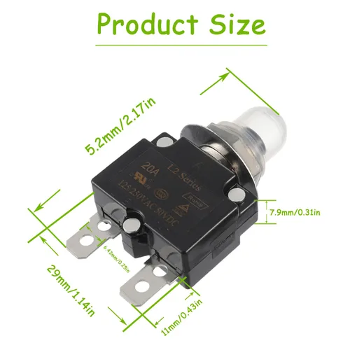 Vista 2 de Disyuntor de botón de reinicio manual de 20 A, 125/250 V CA, 50 V CC, protector de sobrecarga térmica para automóviles con terminales de conexión