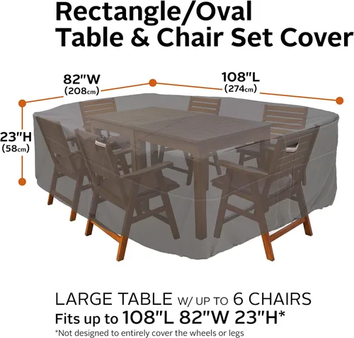 Vista 4 de Classic Accessories Ravenna, protector de mesa y sillas de patio resistente al agua, rectangular/ovalada de 108 pulgadas, grande, color gris topo