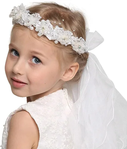 Vista 2 de Bienvenu Primera Comunión Flor Niña Arco Bordado Velo De Boda Dos Capas, Blanco