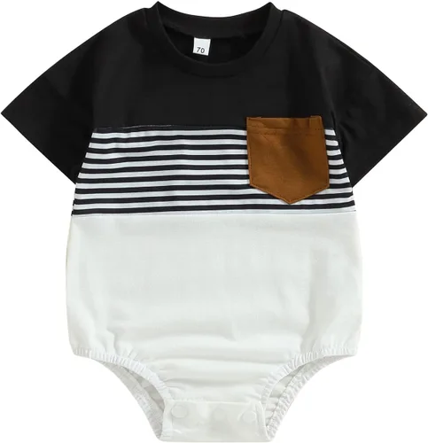 Vista 7 de Mameluco de verano para bebé niño, trajes de mameluco de bloque de color, lindo overol de 3, 6, 12, 18 meses