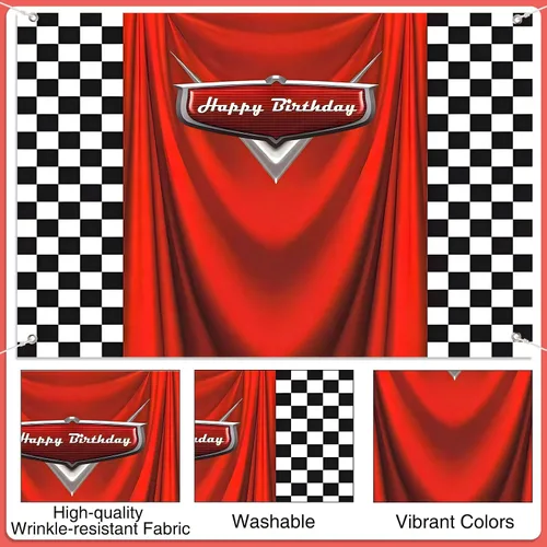Vista 3 de Fondo de cumpleaños de coche con bandera de carreras, 5 x 3 pies, fondo de fotos de carreras a cuadros duradero para decoraciones de cumpleaños
