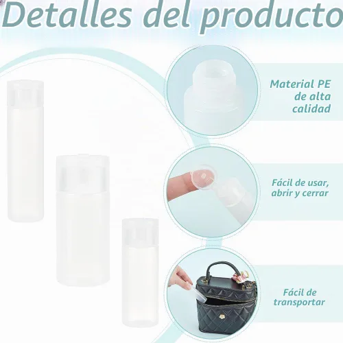 Vista 4 de BENECREAT 10 botellas de 12 ml/18 ml/30 ml de plástico para artículos de aseo de viaje, botellas con tapa abatible, recipientes de muestra