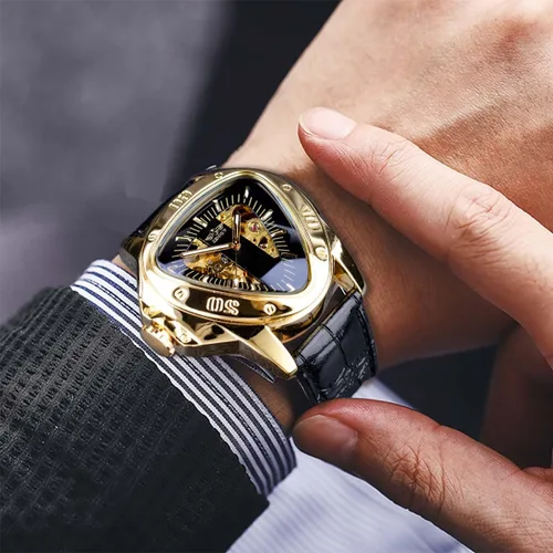 Vista 7 de Winner - Reloj de pulsera mecánico de moda triangular, esfera de carreras triangular, esfera de esqueleto dorado, movimiento automático, diseño