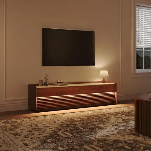 Vista 2 de POVISON Soporte de TV completamente ensamblado de mediados de siglo de piedra sinterizada mate, consola multimedia de madera de 70.87" con luz LED