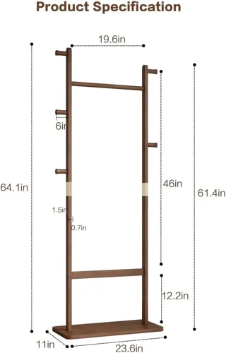 Vista 6 de Perchero independiente de madera de goma maciza con soporte para paraguas, colgador de madera compacto de 23.6 x 11 x 64.1 pulgadas, fácil