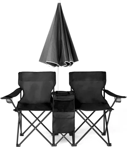 Vista 7 de Silla plegable, silla de camping portátil de 2 asientos con sombrilla extraíble, sillas plegables para exteriores, sillas portátiles de pesca