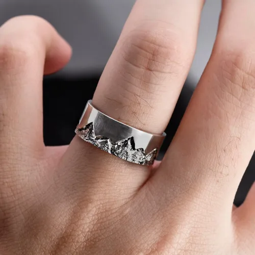 Vista 5 de Personalized Mountain Ring handmade with S925/ Men's Birthday Gift/Unique Promise Ring/Viking Wedding Band/Engraved Engagement Ring