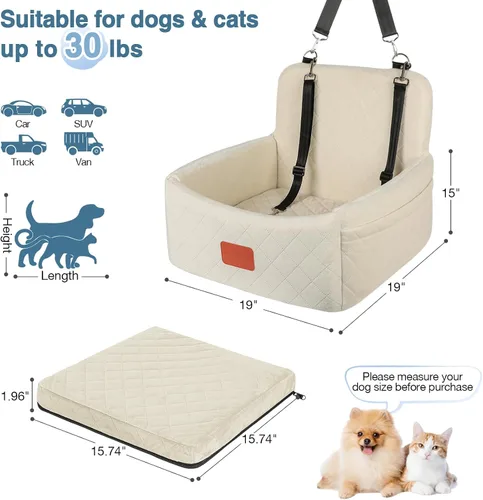 Vista 3 de WOOAIDAGG Asiento de coche para perros de menos de 30 libras, relleno cómodo de tela con espuma viscoelástica, cama de viaje para mascotas lavable