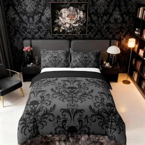 Vista 20 de Erosebridal Juego de ropa de cama gótica de damasco para adultos, funda de edredón victoriana antigua, tamaño individual, funda de edredón gótica