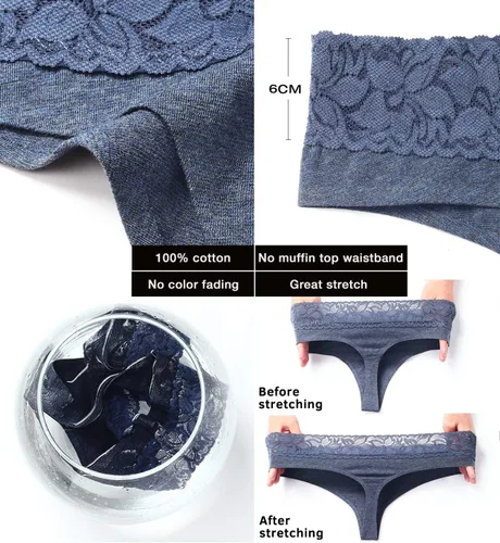 Vista 5 de Tangas de las mujeres Ropa interior de algodón sin costuras Tangas para las mujeres Encaje Trim Bragas