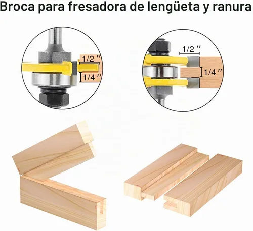 Vista 4 de Juego de brocas de ranura y lengua, 2 fresas de madera para carpintería (vástago de 1/2 pulgada)