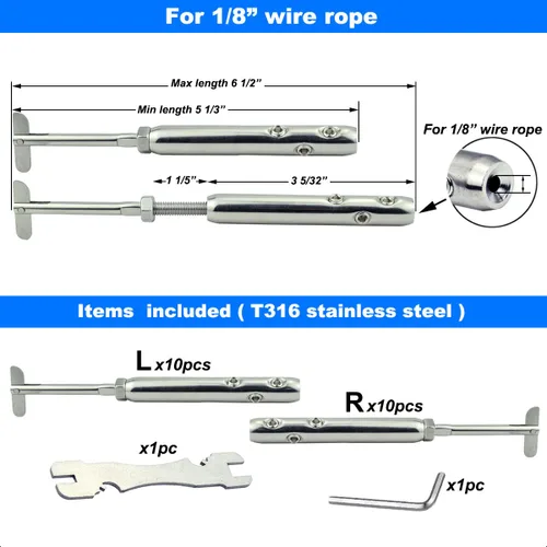 Vista 5 de Tensor de pasador de gota para barandilla de cable 1/8 Swageless L & R, 10 pares