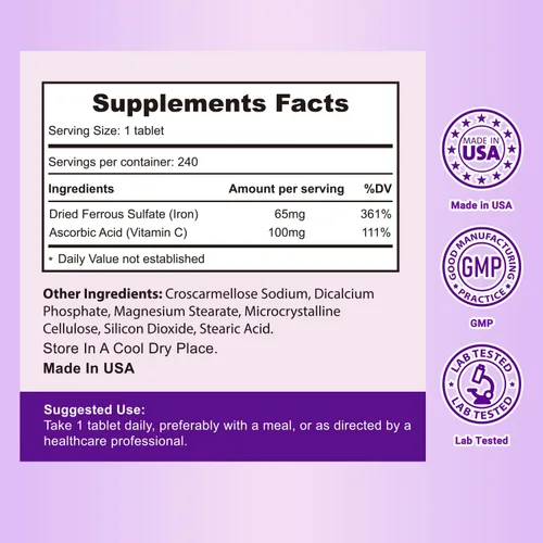 Vista 9 de Heivy Sulfato ferroso 325 mg con vitamina C 100 mg, 240 tabletas veganas