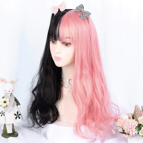 Vista 6 de Peluca larga de cosplay de 24 pulgadas, medio negro, medio rosa, con flequillo, ondulado, Harajuku, linda fiesta diaria, para mujeres y niñas