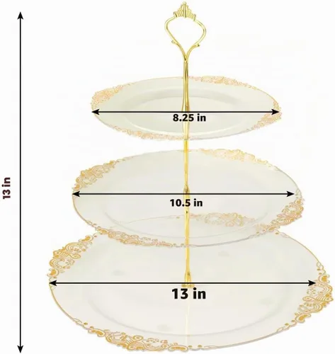 Vista 3 de Efavormart - Soporte de plástico transparente para cupcakes de 3 niveles con borde barroco dorado en relieve, soporte redondo de postres