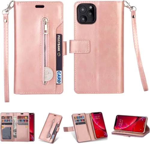 Vista 7 de ZCDAYE Funda tipo cartera para iPhone 11, cierre magnético, bolsillo con cremallera, función atril, piel sintética, funda interior de TPU suave