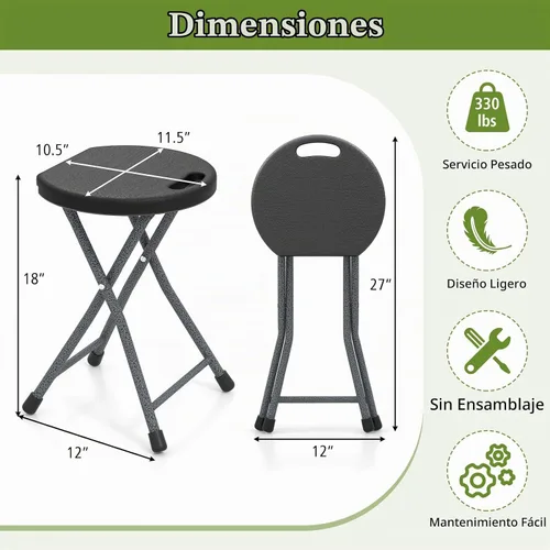 Vista 3 de GYMAX Taburete plegable, taburete de bar plegable portátil de 18 pulgadas con asa y marco de acero, 330 libras, resistente, plegable, ligera, silla
