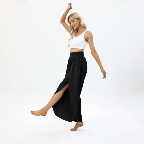 Vista 6 de Pantalones de pierna ancha con abertura y vuelo para mujer, pantalones de yoga de cintura alta, pantalones de pilates hippie, estilo bohemio, playa
