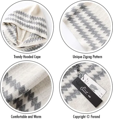 Vista 4 de Ferand Suéter poncho de punto con capucha y rayas en zigzag para mujer con flecos