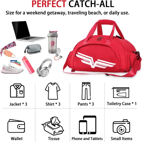Vista 6 de FIORETTO Bolsa de deporte para hombre con bolsillo húmedo y compartimento para zapatos, ideal para viajes, gimnasio, deportes, natación, B-rojo