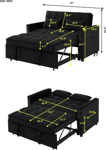 Vista 2 de Sofá cama biplaza de terciopelo convertible y moderno con cama desplegable, respaldo ajustable y 2 almohadas lumbares, para espacios pequeños