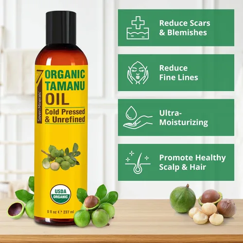 Vista 3 de Seven Minerals Aceite orgánico de Tamanu USDA – Big 8oz (8.1 fl oz) – Prensado en frío y 100% puro Tamanu orgánico para piel, cara, cabello y uñas