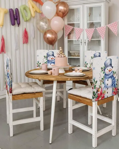 Vista 4 de Paquete de 4 fundas de respaldo de silla de Navidad con muñeco de nieve azul para sillas de comedor, fundas extraíbles lavables para silla