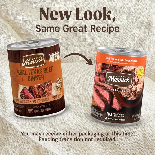 Vista 2 de Merrick Alimento enlatado natural y de primera calidad sin granos, receta húmeda suave y saludable, cena de carne de res real de Texas