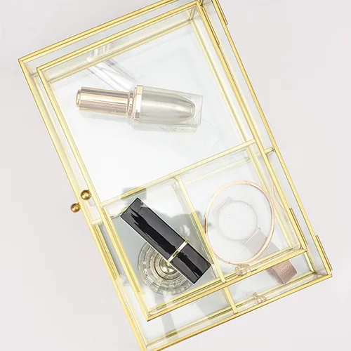 Vista 4 de Organizador de cosméticos, organizador de maquillaje, compartimentos de vidrio, soporte para brochas de maquillaje, caja de cosméticos claridad