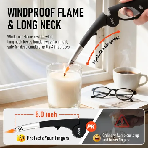 Vista 2 de MK - Encendedor largo, resistente al viento, recargable, con cuello plegable, llama ajustable, bloqueo de seguridad y ventana de combustible