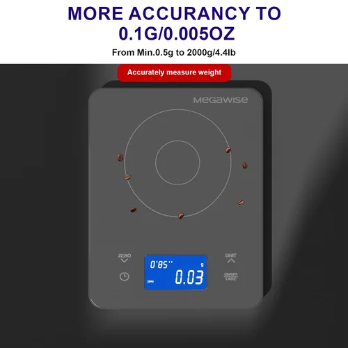 Vista 3 de MEGAWISE - Báscula de café con temporizador, escala digital de vertido, incrementos de 0.00 oz de hasta 17.64 oz, capacidad de 4.4 lbs, función