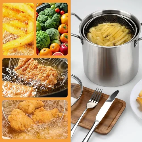 Vista 5 de Olla de freidora profunda de 3.5L con escurridor de aceite, olla de acero inoxidable con tapa y cesta, olla redonda para cocina, restaurante