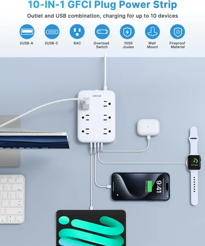 Vista 5 de Cinta de enchufes de 2 puntas con GFCI, VINTAR Adaptador de enchufe de GFCI de 2 a 3 puntas, cable de extensión de 6 pies con 6 salidas y 4 USB
