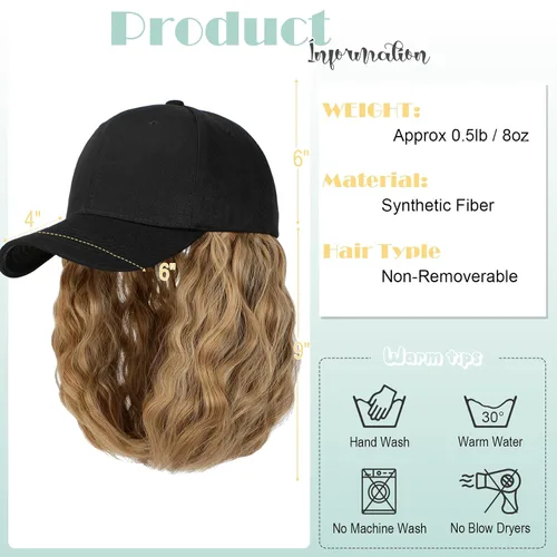 Vista 4 de Peluca de gorra de béisbol para mujer, gorra de béisbol con extensiones de cabello, gorra ajustable adjunta de 15 pulgadas, peluca sintética corta