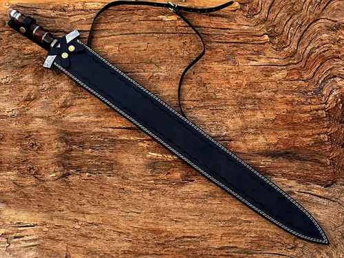 Vista 5 de Espada vikinga de acero de Damasco hecha a mano/espada medieval con funda de cuero.