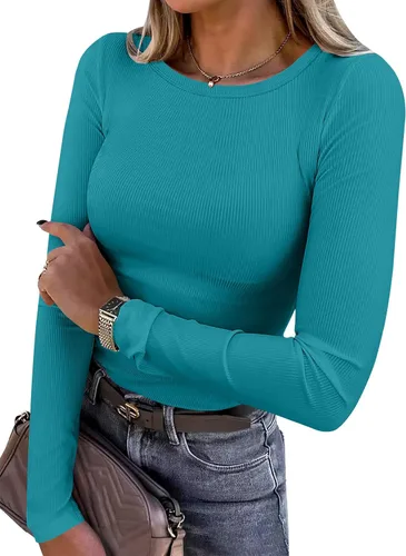 Vista 26 de ANRABESS - Camisetas de manga larga para mujer, de punto acanalado, ajustadas, básicas, 2025, informales, para usar a capas o debajo del uniforme
