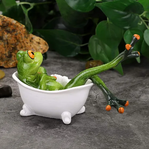 Vista 8 de JUXYES Figura de Rana de Resina de Artesanía Creativa, Rana Esculpida Acuclillada en la Bañera, Mascota Personalizada de Animal Coleccionable