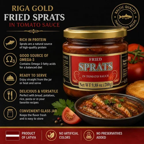 Vista 5 de Riga Gold Espadines fritos en salsa de tomate, frasco de vidrio de 9.88