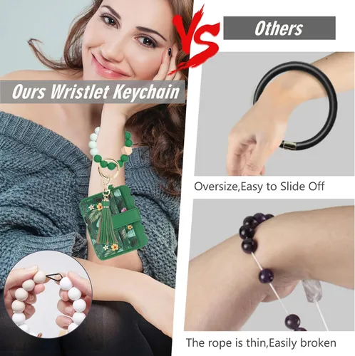 Vista 5 de Llavero tipo cartera para mujer, tarjetero RFID con llavero, llavero de bolsillo para tarjetas de borla para mujer