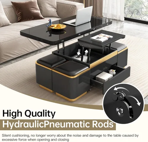 Vista 8 de Guyii Mesa de centro elevable con taburetes de almacenamiento, mesa central multifuncional negra con cajones, moderna mesa de comedor extensible
