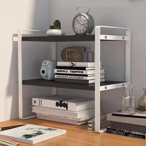 Vista 4 de Hbluefat Estante organizador de escritorio, 2 niveles, multiusos, estante de almacenamiento de mesa, pequeño estante de almacenamiento de encimera
