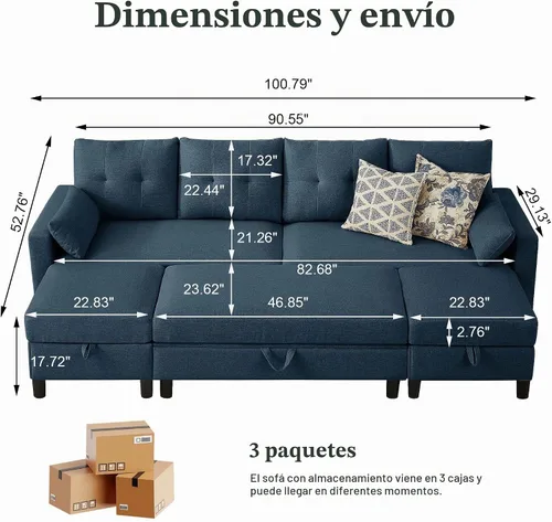 Vista 3 de Sofá Seccional Convertible de 101" con Mesa de Centro Otomana, Sofá Moderno de Tela de Lino en Forma de U con Bolsillo de Almacenamiento, Sofá Azul