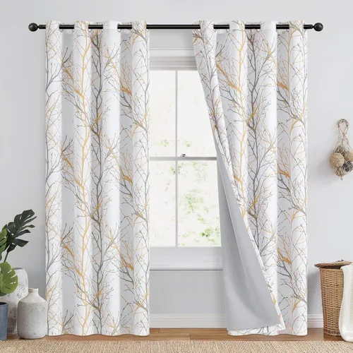 Vista 24 de FMFUNCTEX Cortinas 100% opacas para dormitorio, cortinas de ramas de árbol blanco y negro de 54 pulgadas de largo para sala de estar, cortinas
