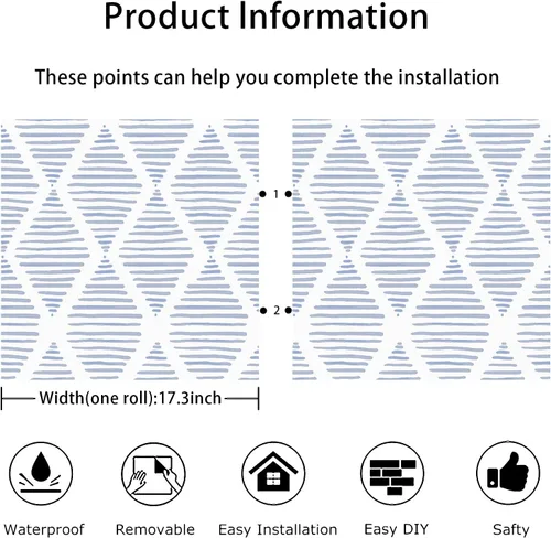 Vista 6 de WENMER Papel tapiz geométrico para despegar y pegar de 17.3 x 118 pulgadas, papel tapiz de rayas azules y blancas, papel de contacto geométrico