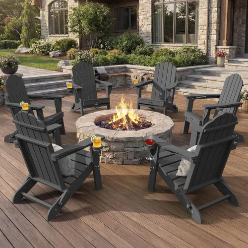 Vista 51 de Silla Adirondack plegable, silla Adirondack de HDPE con 2 soportes para tazas, sillas para fogatas al aire libre de fácil montaje para patio