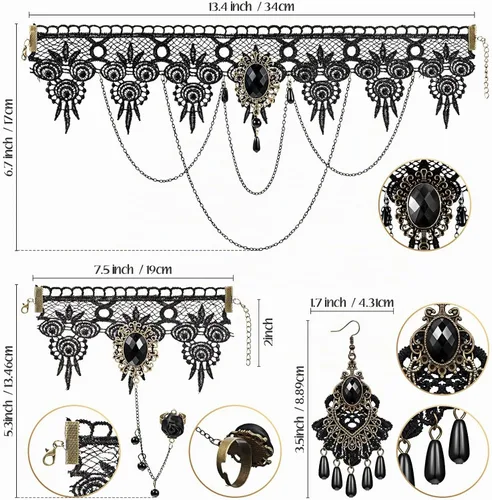 Vista 2 de Haysandy Conjunto de corsé gótico con mangas de encaje y pulsera Negro