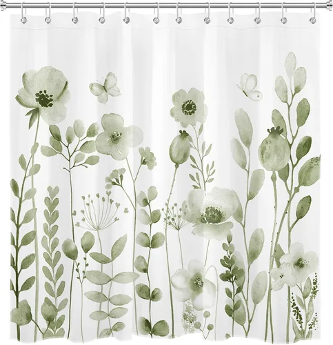 Vista 12 de Cortina de ducha con diseño bohemio de plantas y flores de acuarela sobre fondo beige, cortina de ducha de baño con hojas naturales, cortina