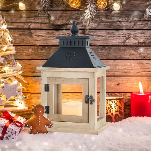 Vista 9 de NEEDOMO Farol de vela de madera de 13 pulgadas para interiores, centro de mesa grande decorativo al aire libre, candelabros rústicos colgantes