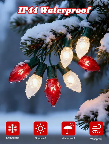 Vista 4 de Luces de Navidad C9 rojas y blancas de 25 pies, cadena de luces de Navidad C9 impermeables con 26 bombillas rojas y blancas, luces de Navidad